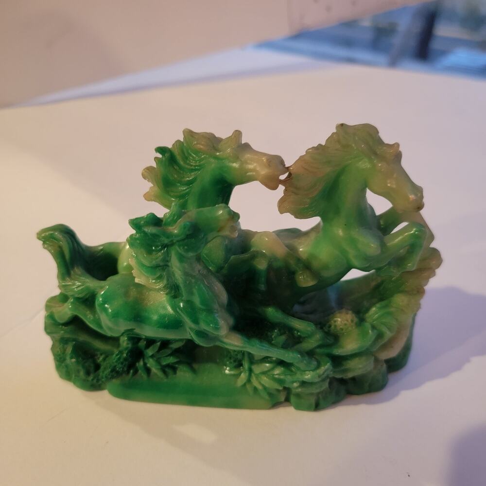Unmarked Horse Figurine Small Green Resin Galloping Horses Statue Decor Tabletop